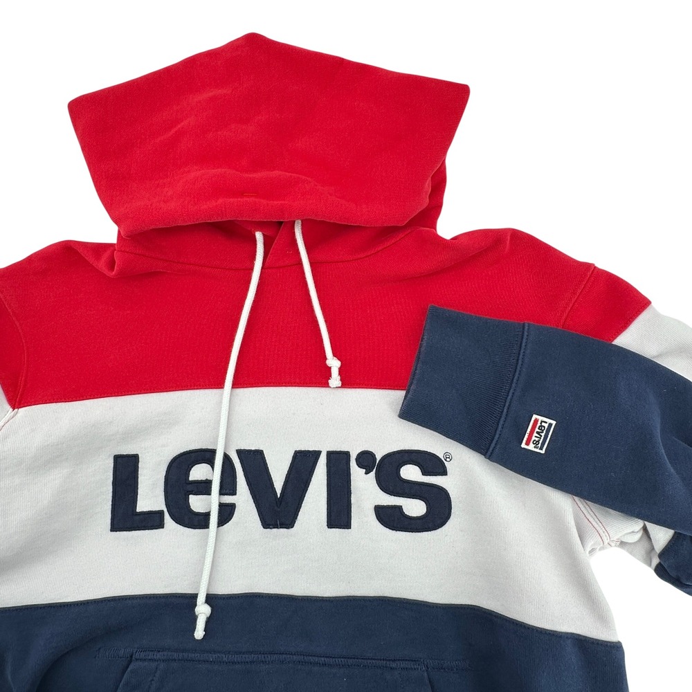 Levis Mens Med Colorblock Hoodie Red White Blue Logo Pullover Sweatshirt Retro